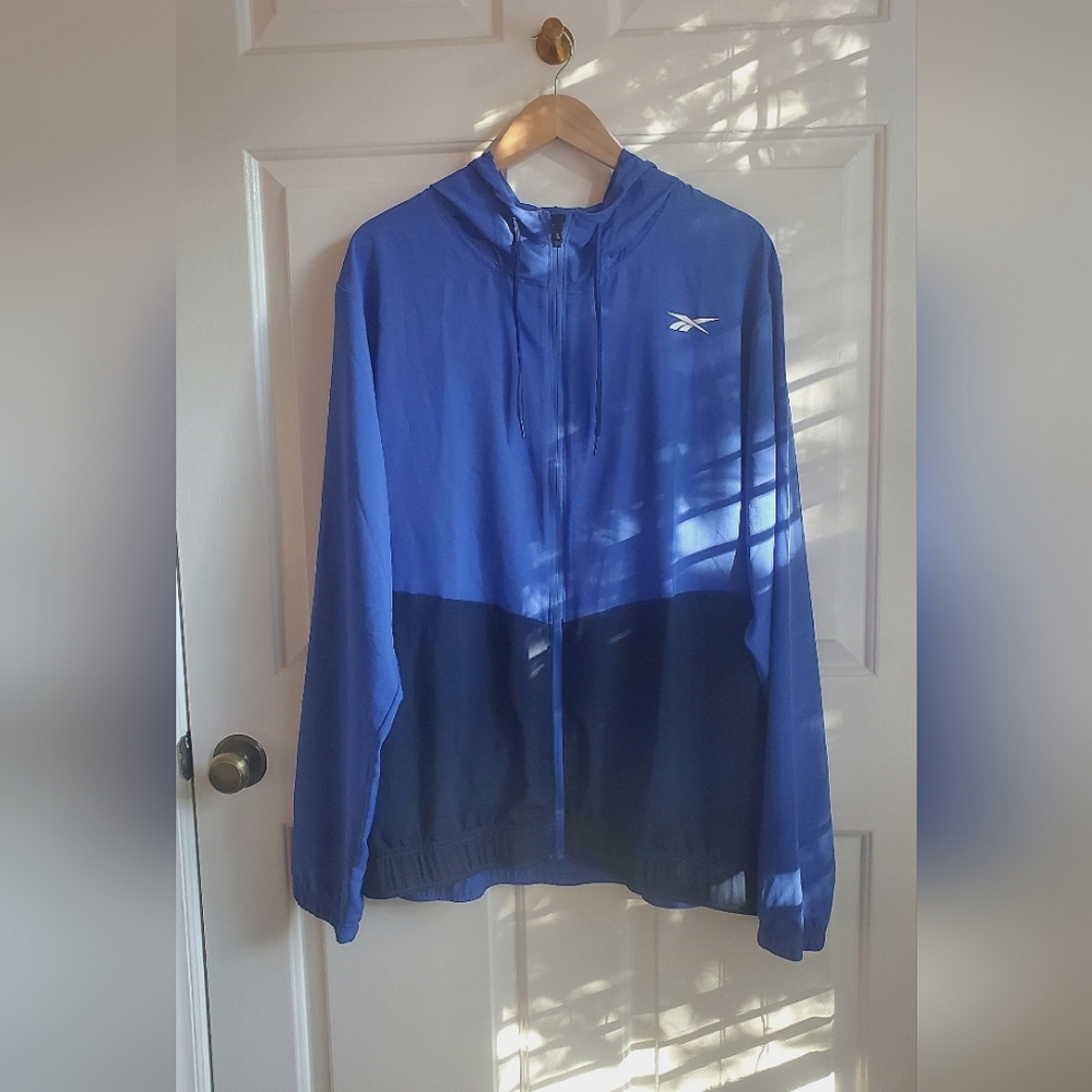Mens XXL wind breaker jogging running jacket zipup hoodie 2 toned blue NWOT